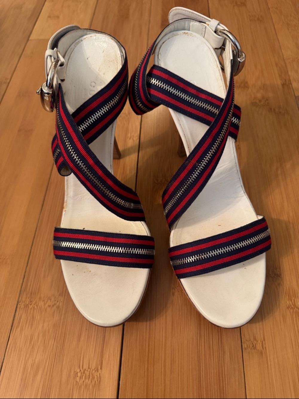 Gucci White Sandal with Navy and Red Striped Cross Straps